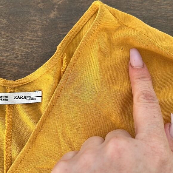 ZARA Mustard Yellow V Neck BABYDOLL RUFFLE PLEATED DRAPE HI LOW Sz-Small - Picture 11 of 11